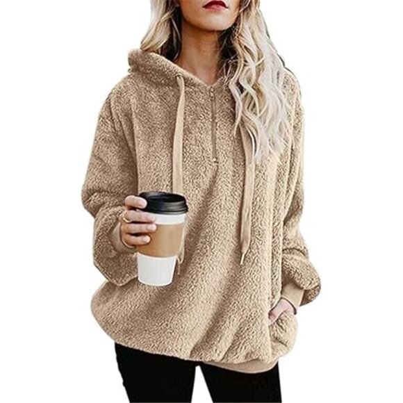 Womens Oversized Sherpa Pullover Hoodie with Pockets Fuzzy Fleece Sweatshirt - Picture 6 of 6